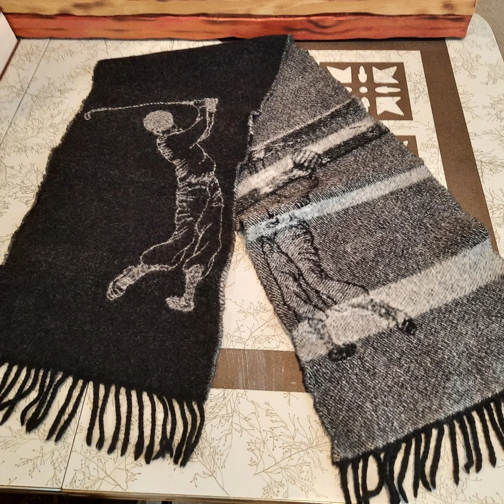 Vtg black/grey wool Scarf Golfer handmade in France